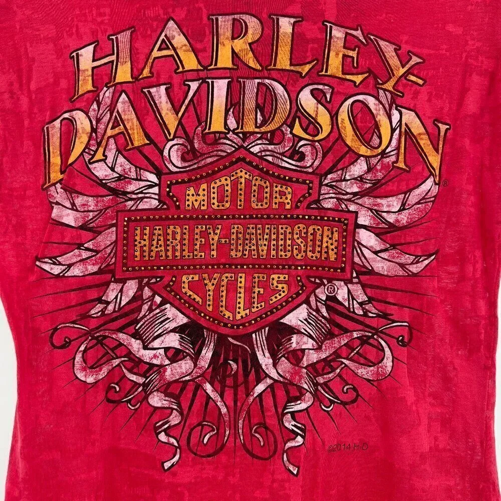 Harley Davidson Women's Embellish Short Sleeve Pink Graphic T Shirt M - Picture 3 of 7